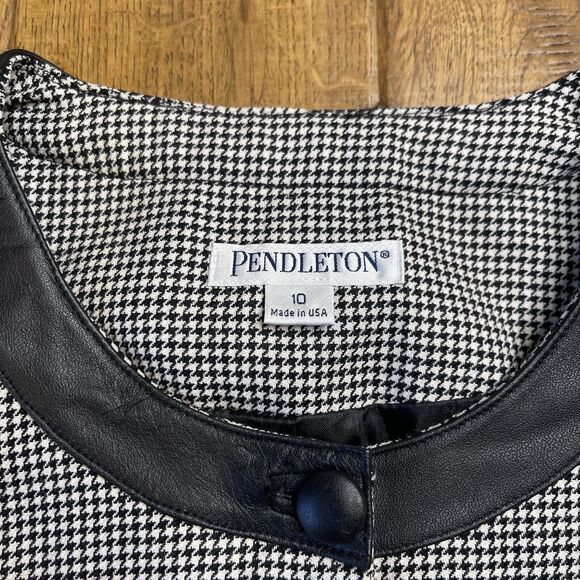 Pendleton Womens Virgin Wool Houndstooth Leather Trim Blazer Jacket Size 10 - Picture 2 of 6